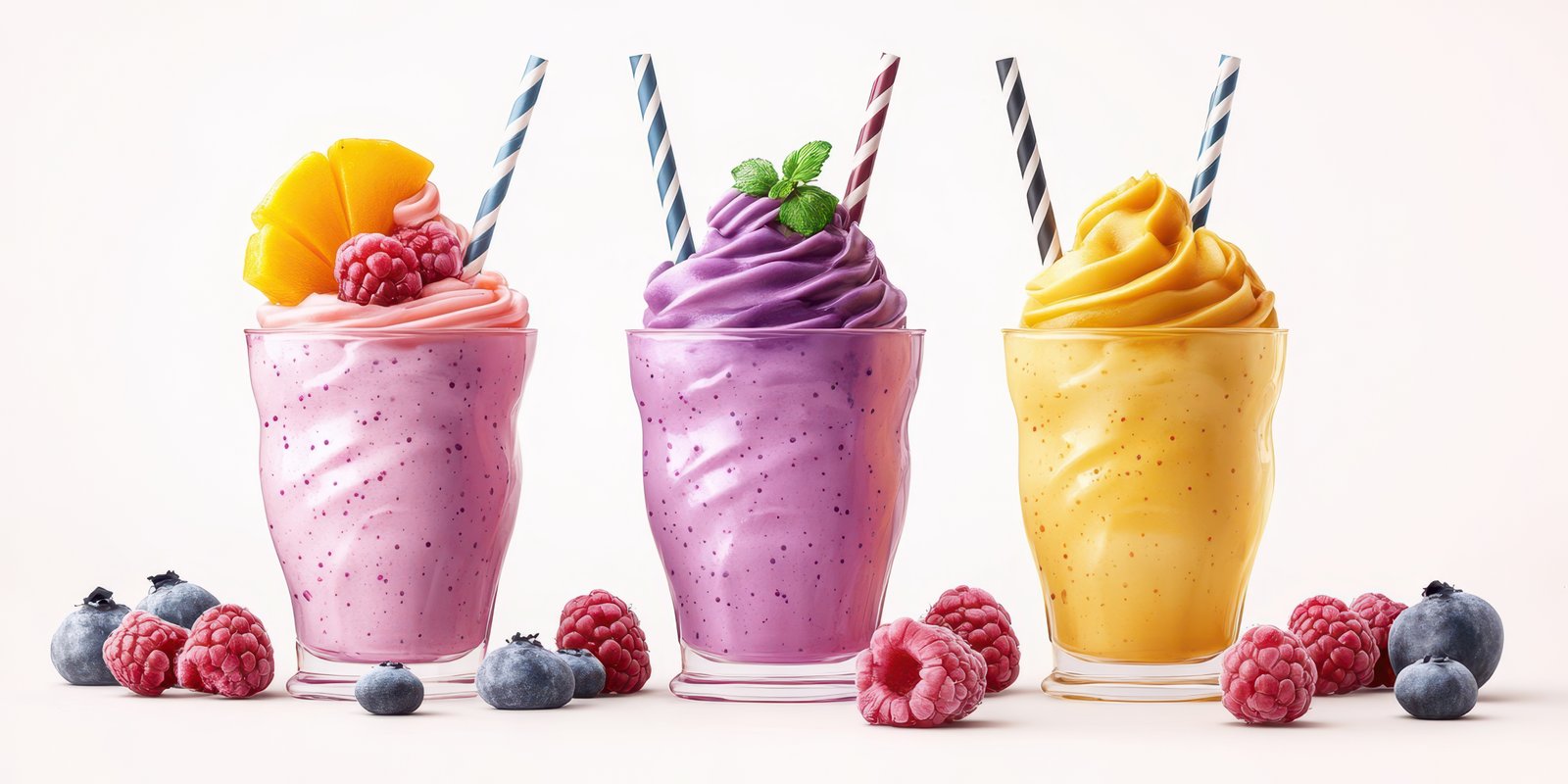 Colorful fruit smoothies in various flavors with decorative straws displayed on a plain background